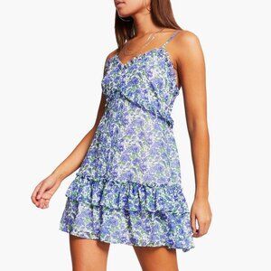 River Island Blue Floral Print Ruffle Sleeveless Mini Dress